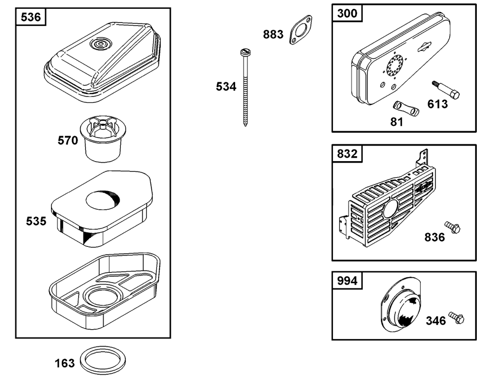 Air Cleaner Group, Muffler Group Diagram and Parts List for 10C902-2033-XX  Briggs and Stratton Engine